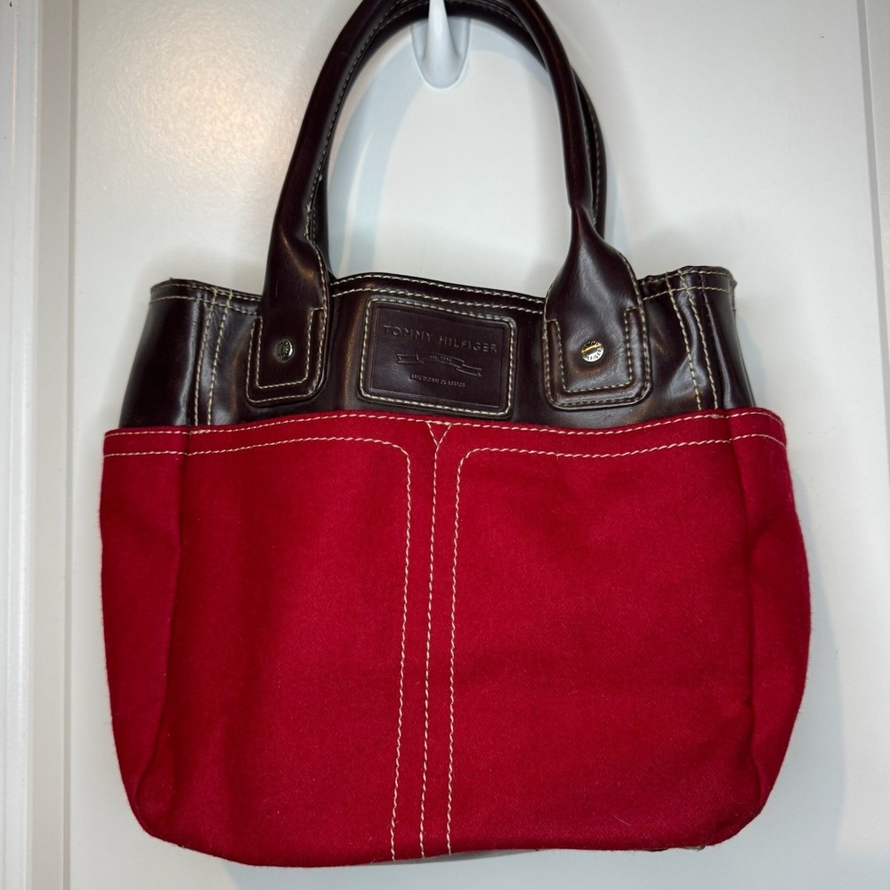 Vintage Y2K Tommy Hilfiger Red Canvas Brown Leather‎ Trim Handbag Purse
